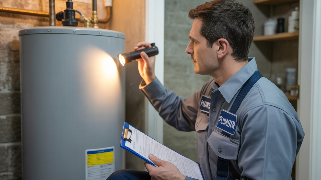 Professional plumber inspecting water heater